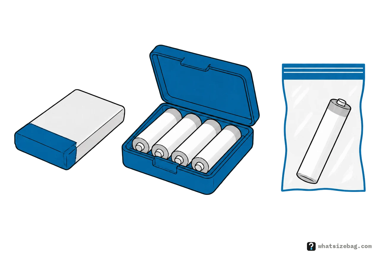Three spare batteries kept from touching metal: a camera battery with tape over its contacts, four AA batteries in an open plastic battery case, and one battery in its own small resealable plastic bag.