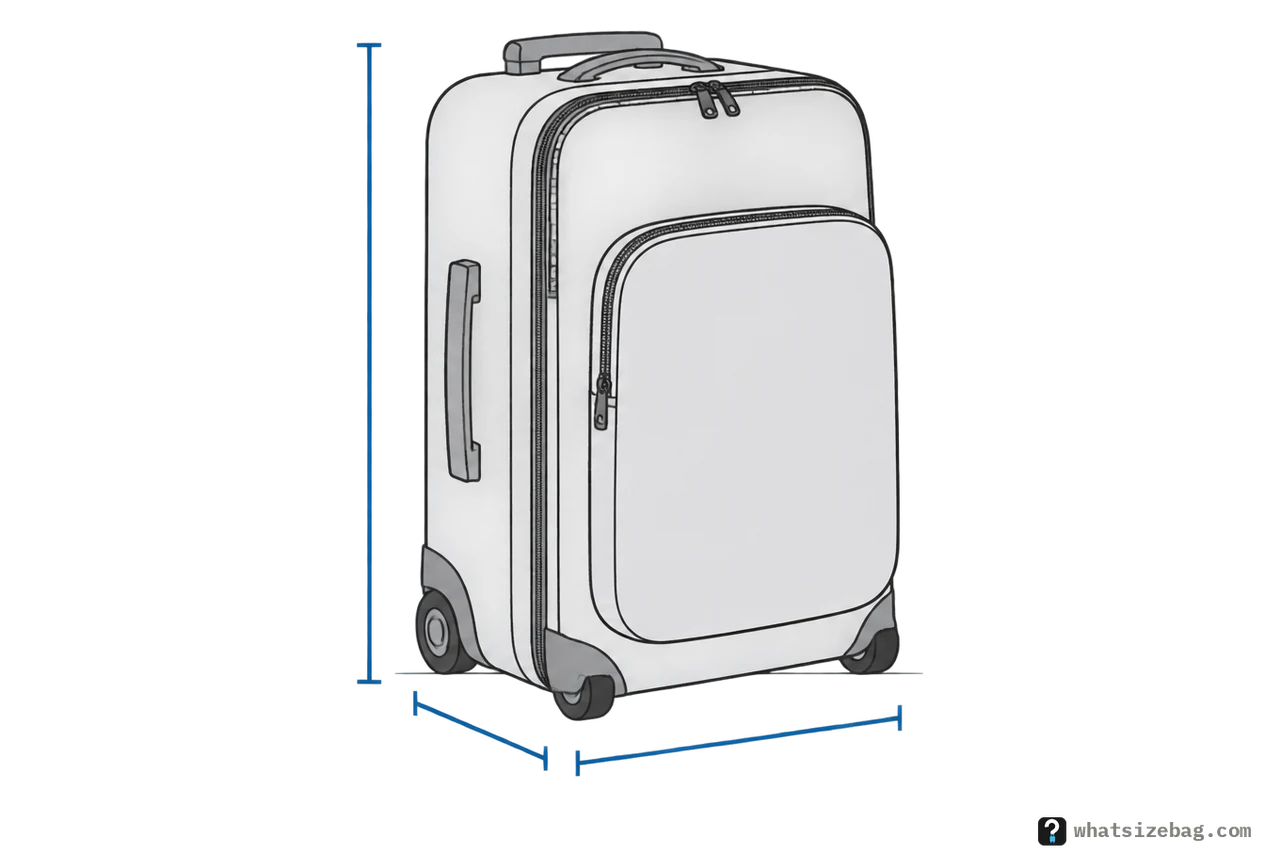 A small wheeled carry-on standing on its wheels with the handle pushed down, with three measuring lines: from the floor to the top of the handle, across the front at the widest point including the wheels, and from the back to the front of the packed front pocket.