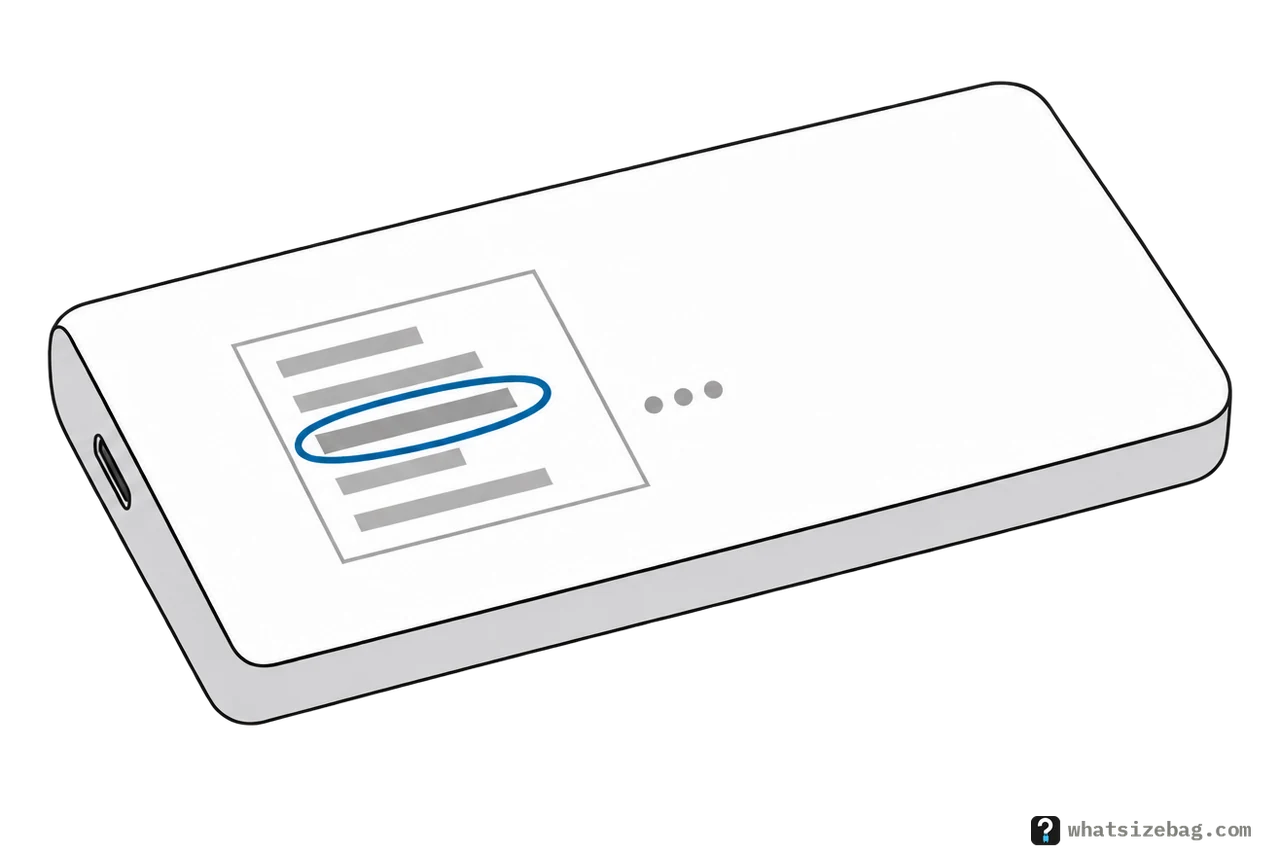 A power bank lying flat with a printed label on its large face, one line of the label circled.