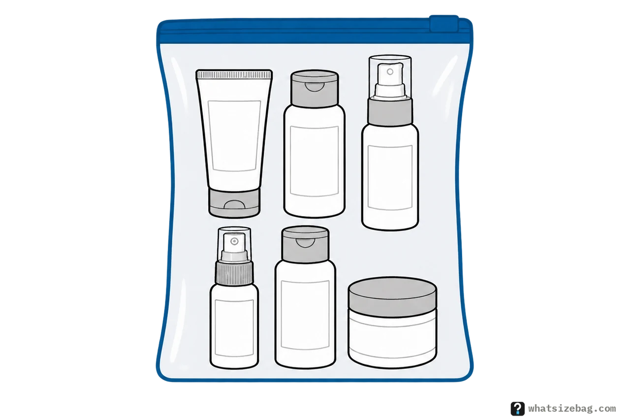 A clear resealable plastic bag, zipped shut, holding six small travel containers: a tube, two flip-cap bottles, two spray bottles and a cream jar.