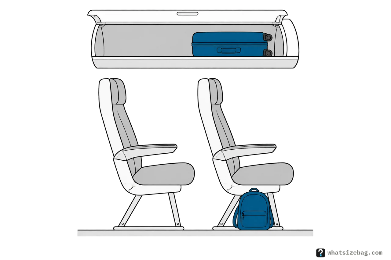 Two rows of airplane seats seen from the side, with a small backpack on the floor under the front seat and a small wheeled suitcase lying in the open overhead bin above.
